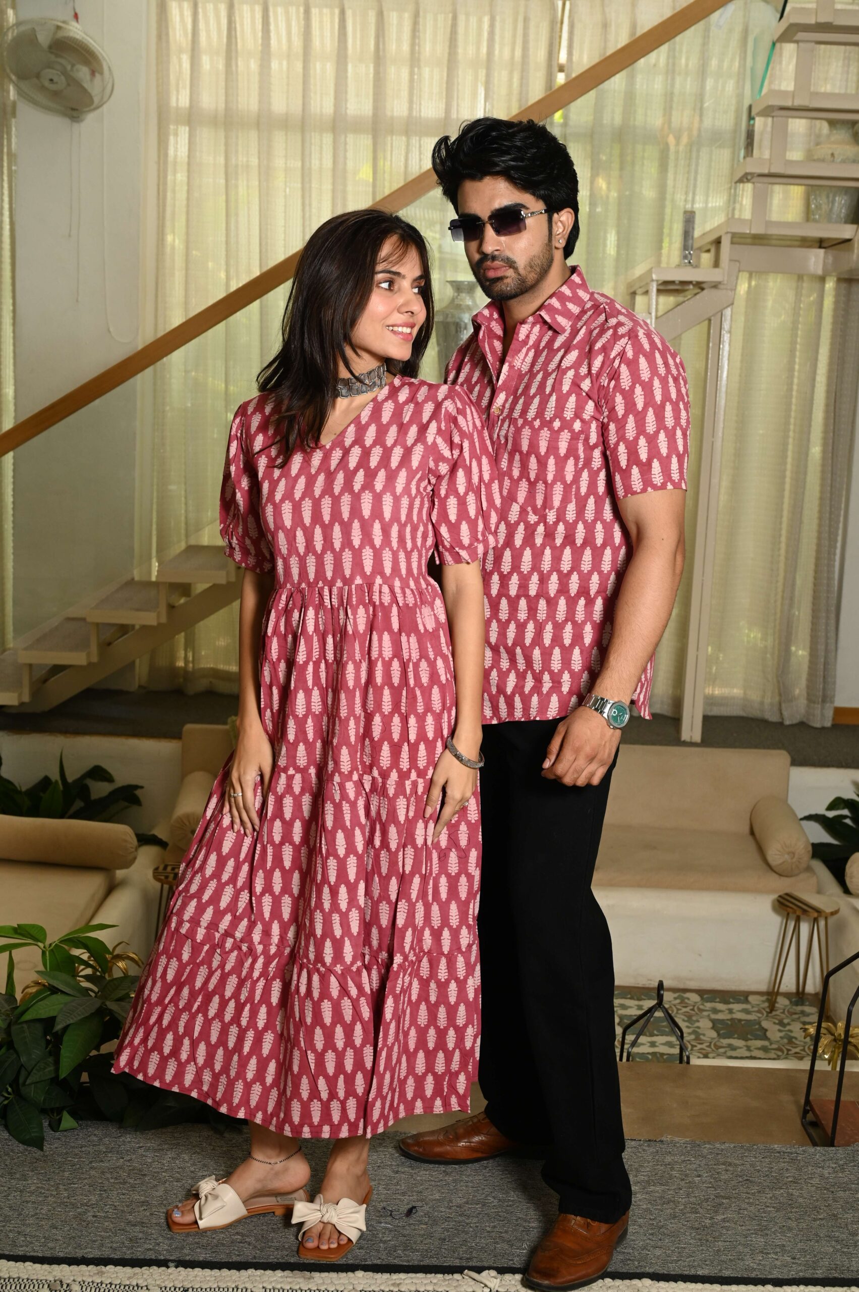 Couple Matching Pink Cotton Anarkali Midi Dress and Shirt Set ? White Handblock Leaf Print